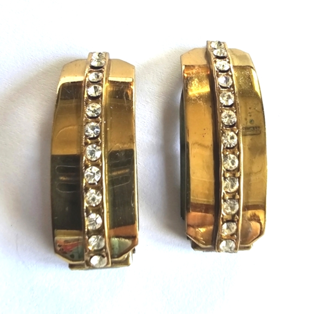 Two vintage fur clips curved gold tone Art deco clear rhinestones set